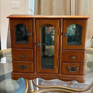 Vintage Wooden Jewelry Box with Etched Glass
